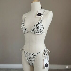 Basic Swim Dot Bikini Set Womens Medium White Black Dalmatian Print Triangle Top